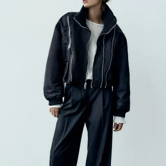 Zara Navy Zippered Pinstriped Bomber Jacket NWT - Picture 7 of 16